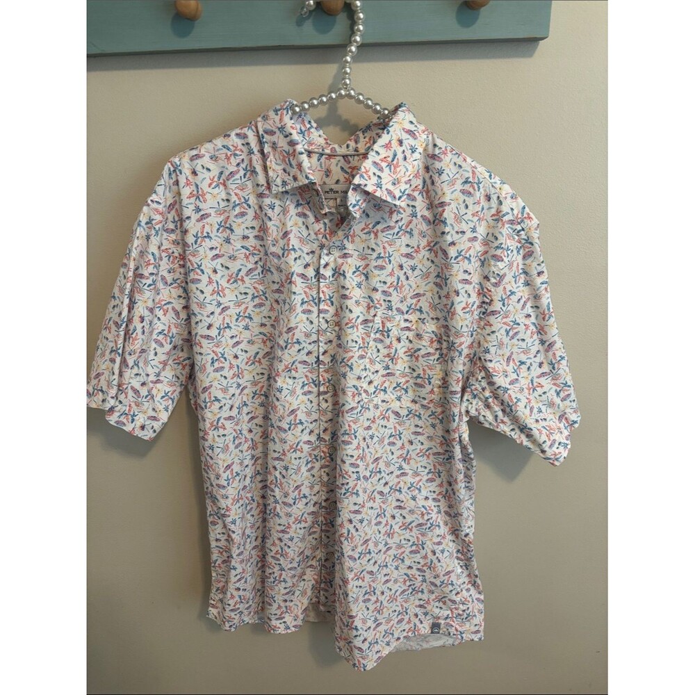 Peter Millar White Short-Sleeve Button size large cars, helicopters, sunglasses